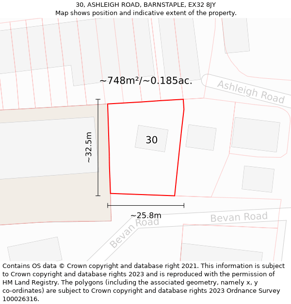 30, ASHLEIGH ROAD, BARNSTAPLE, EX32 8JY: Plot and title map