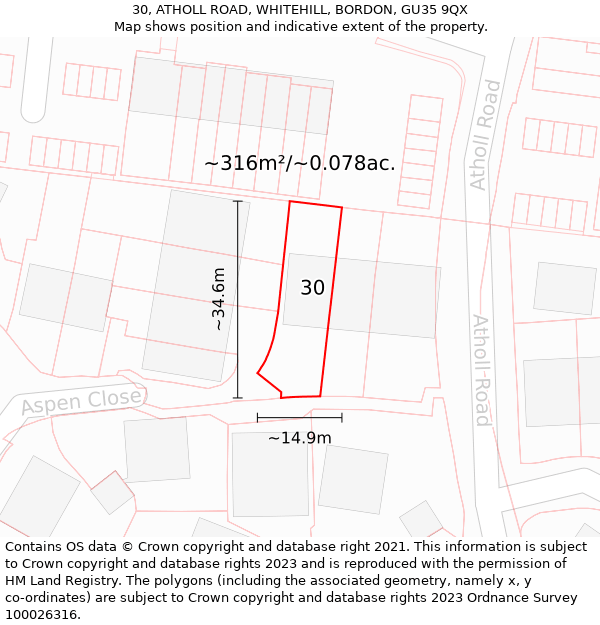 30, ATHOLL ROAD, WHITEHILL, BORDON, GU35 9QX: Plot and title map