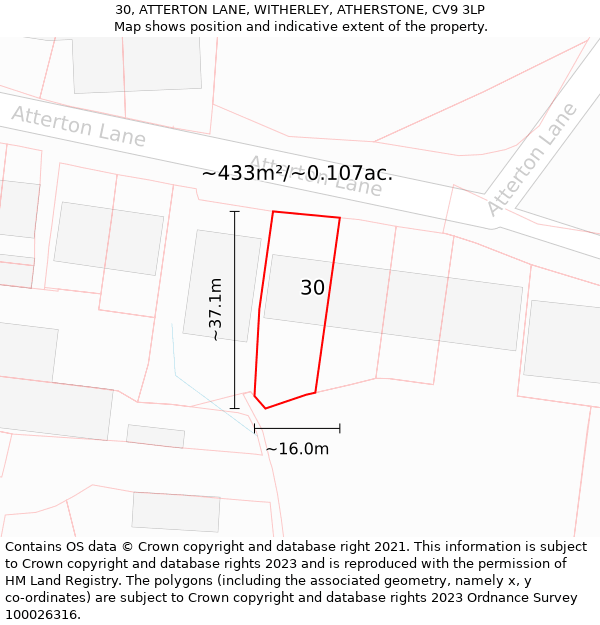 30, ATTERTON LANE, WITHERLEY, ATHERSTONE, CV9 3LP: Plot and title map