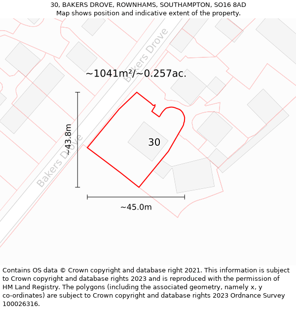 30, BAKERS DROVE, ROWNHAMS, SOUTHAMPTON, SO16 8AD: Plot and title map