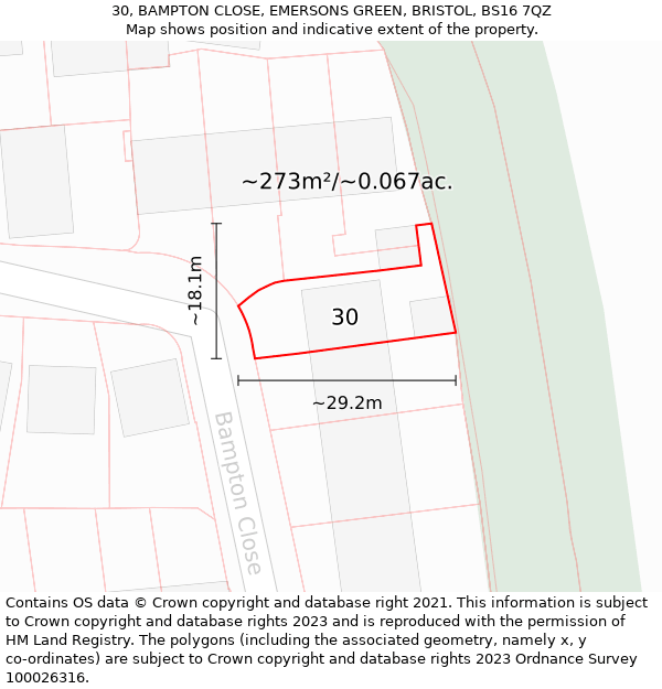 30, BAMPTON CLOSE, EMERSONS GREEN, BRISTOL, BS16 7QZ: Plot and title map