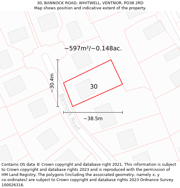 30, BANNOCK ROAD, WHITWELL, VENTNOR, PO38 2RD: Plot and title map