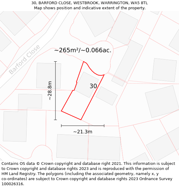 30, BARFORD CLOSE, WESTBROOK, WARRINGTON, WA5 8TL: Plot and title map