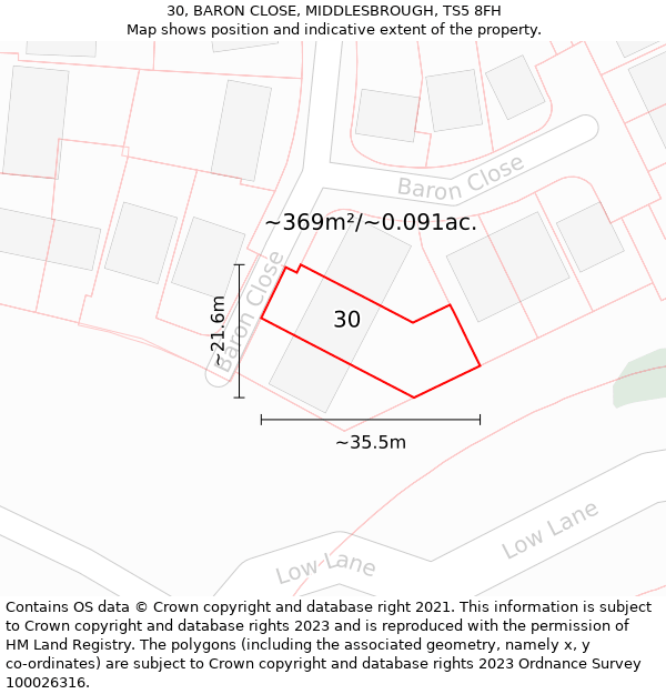 30, BARON CLOSE, MIDDLESBROUGH, TS5 8FH: Plot and title map