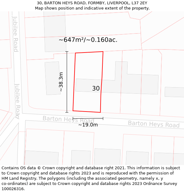 30, BARTON HEYS ROAD, FORMBY, LIVERPOOL, L37 2EY: Plot and title map
