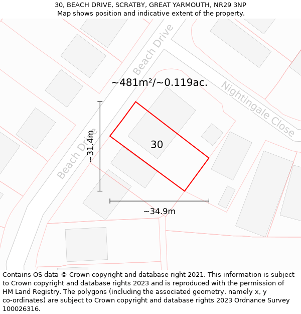 30, BEACH DRIVE, SCRATBY, GREAT YARMOUTH, NR29 3NP: Plot and title map