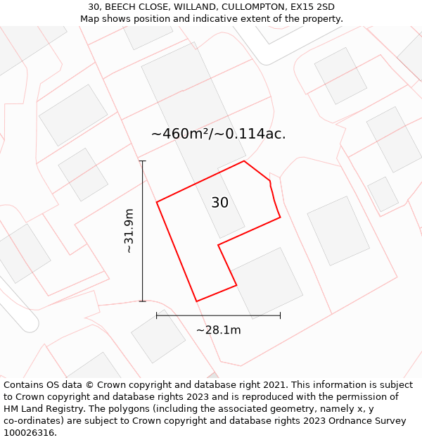 30, BEECH CLOSE, WILLAND, CULLOMPTON, EX15 2SD: Plot and title map