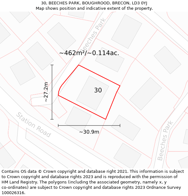 30, BEECHES PARK, BOUGHROOD, BRECON, LD3 0YJ: Plot and title map