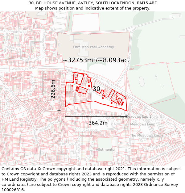 30, BELHOUSE AVENUE, AVELEY, SOUTH OCKENDON, RM15 4BF: Plot and title map