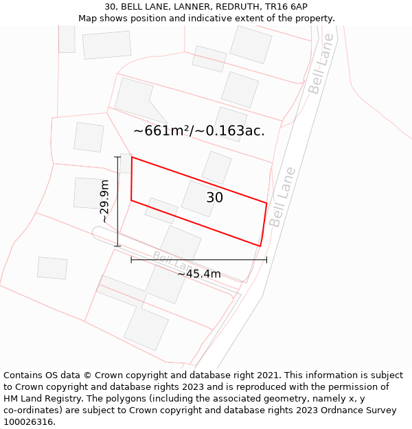 30, BELL LANE, LANNER, REDRUTH, TR16 6AP: Plot and title map