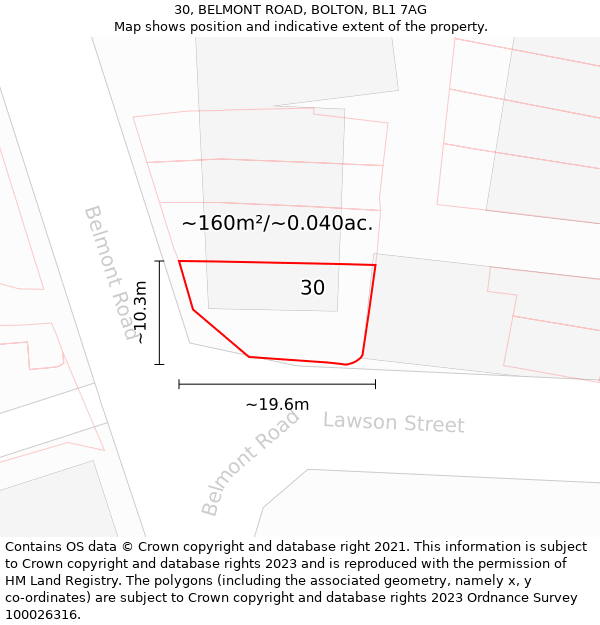 30, BELMONT ROAD, BOLTON, BL1 7AG: Plot and title map