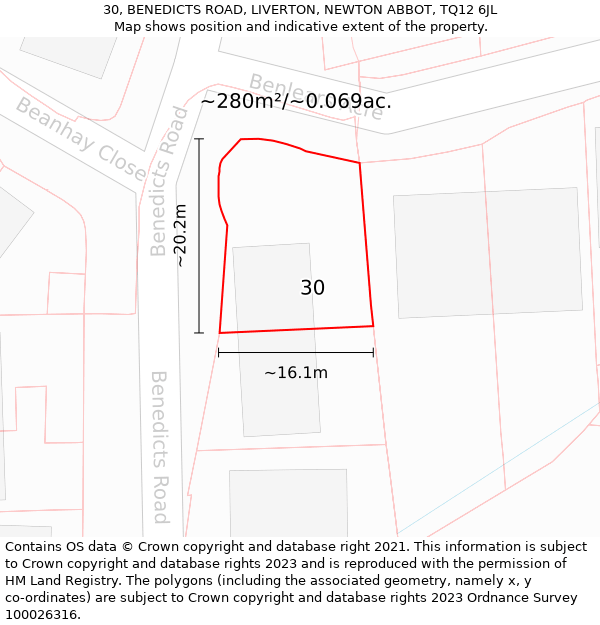 30, BENEDICTS ROAD, LIVERTON, NEWTON ABBOT, TQ12 6JL: Plot and title map