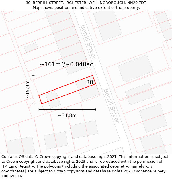 30, BERRILL STREET, IRCHESTER, WELLINGBOROUGH, NN29 7DT: Plot and title map