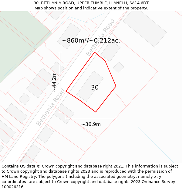 30, BETHANIA ROAD, UPPER TUMBLE, LLANELLI, SA14 6DT: Plot and title map