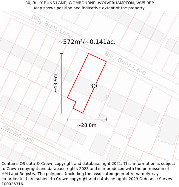 30, BILLY BUNS LANE, WOMBOURNE, WOLVERHAMPTON, WV5 9BP: Plot and title map
