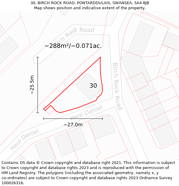 30, BIRCH ROCK ROAD, PONTARDDULAIS, SWANSEA, SA4 8JB: Plot and title map