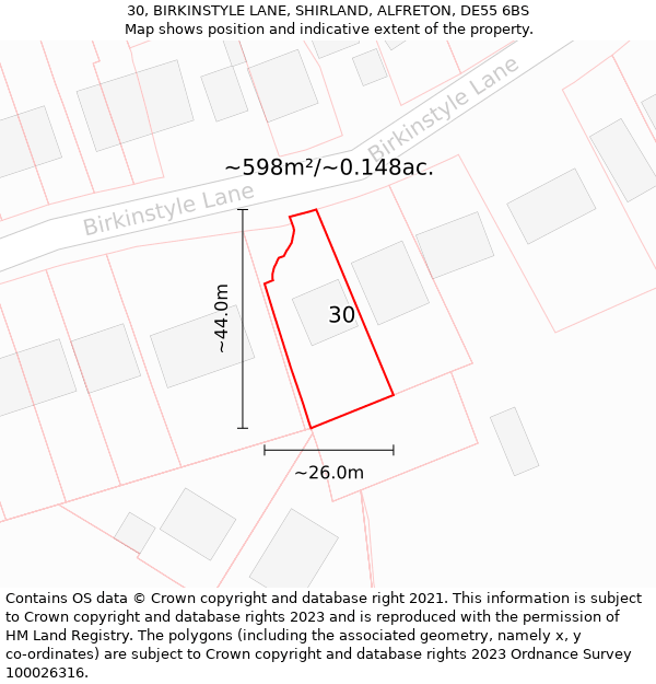 30, BIRKINSTYLE LANE, SHIRLAND, ALFRETON, DE55 6BS: Plot and title map