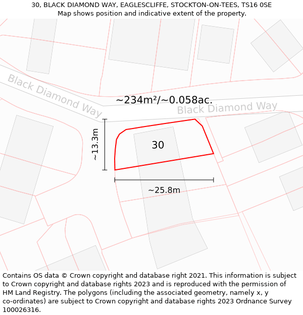 30, BLACK DIAMOND WAY, EAGLESCLIFFE, STOCKTON-ON-TEES, TS16 0SE: Plot and title map