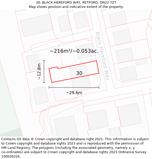 30, BLACK HEREFORD WAY, RETFORD, DN22 7ZT: Plot and title map