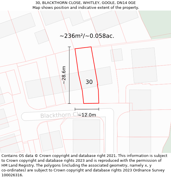 30, BLACKTHORN CLOSE, WHITLEY, GOOLE, DN14 0GE: Plot and title map