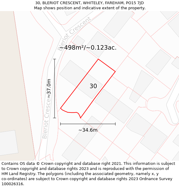 30, BLERIOT CRESCENT, WHITELEY, FAREHAM, PO15 7JD: Plot and title map