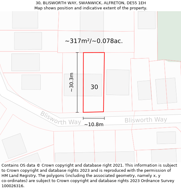 30, BLISWORTH WAY, SWANWICK, ALFRETON, DE55 1EH: Plot and title map