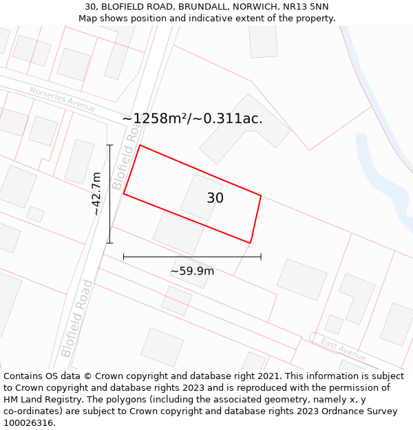 30, BLOFIELD ROAD, BRUNDALL, NORWICH, NR13 5NN: Plot and title map