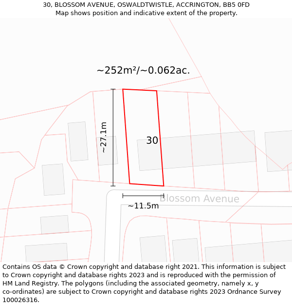 30, BLOSSOM AVENUE, OSWALDTWISTLE, ACCRINGTON, BB5 0FD: Plot and title map