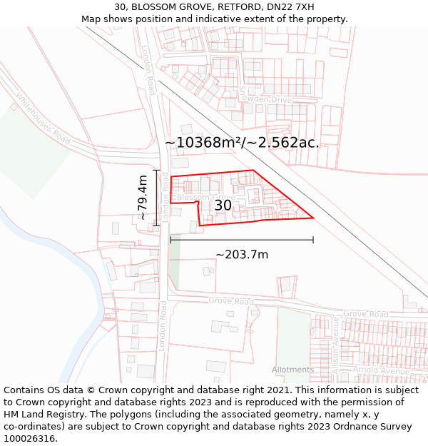 30, BLOSSOM GROVE, RETFORD, DN22 7XH: Plot and title map