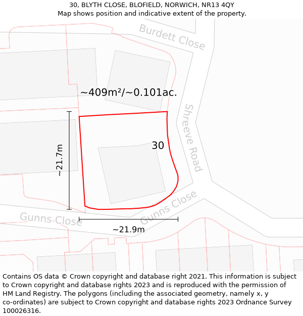 30, BLYTH CLOSE, BLOFIELD, NORWICH, NR13 4QY: Plot and title map