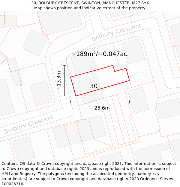 30, BOLBURY CRESCENT, SWINTON, MANCHESTER, M27 8AX: Plot and title map