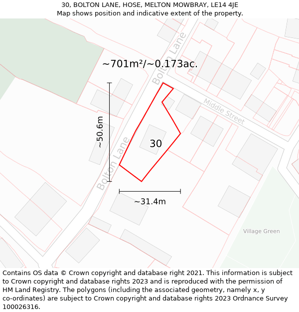 30, BOLTON LANE, HOSE, MELTON MOWBRAY, LE14 4JE: Plot and title map