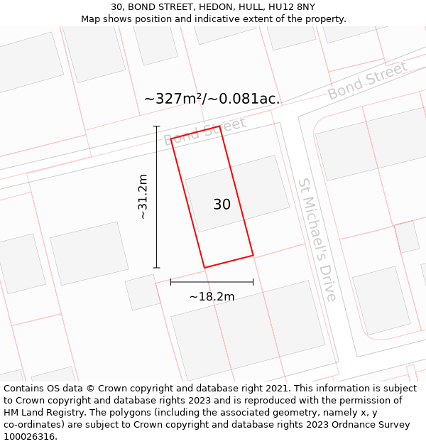 30, BOND STREET, HEDON, HULL, HU12 8NY: Plot and title map