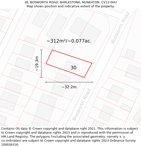 30, BOSWORTH ROAD, BARLESTONE, NUNEATON, CV13 0HU: Plot and title map