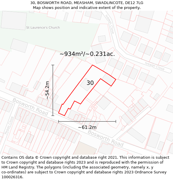 30, BOSWORTH ROAD, MEASHAM, SWADLINCOTE, DE12 7LG: Plot and title map