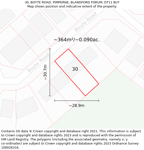 30, BOYTE ROAD, PIMPERNE, BLANDFORD FORUM, DT11 8UY: Plot and title map