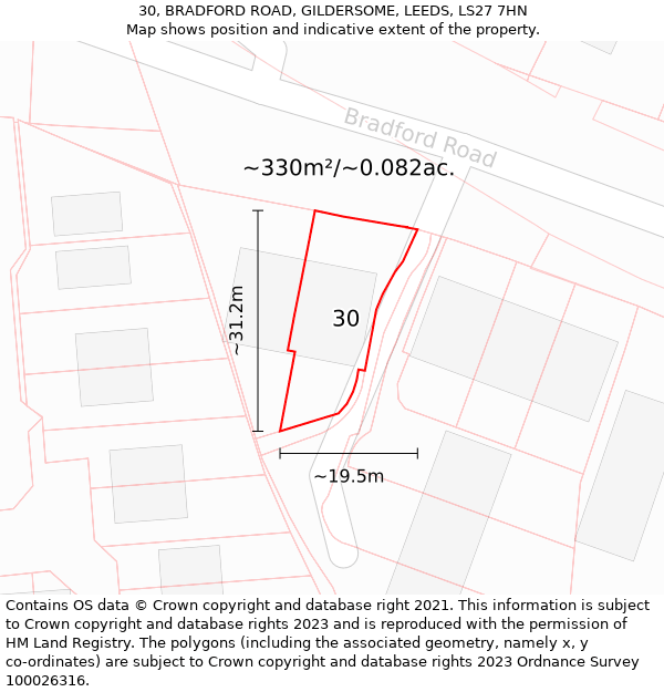 30, BRADFORD ROAD, GILDERSOME, LEEDS, LS27 7HN: Plot and title map