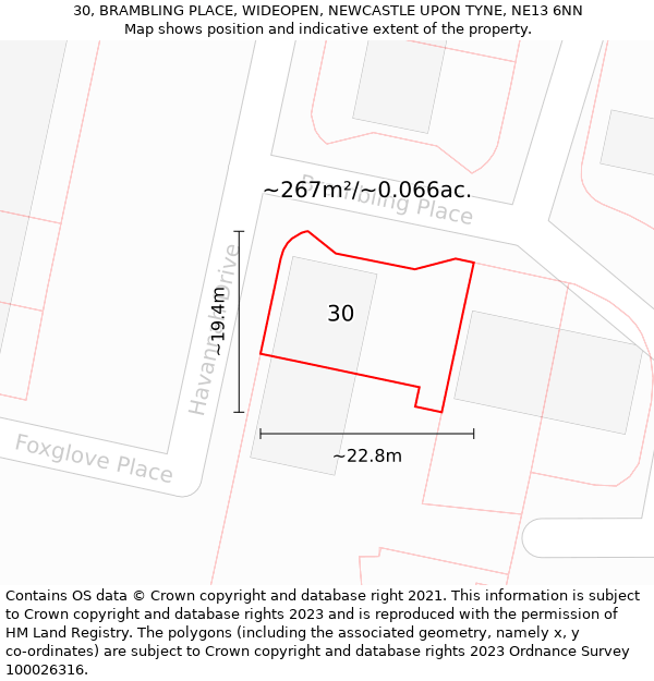 30, BRAMBLING PLACE, WIDEOPEN, NEWCASTLE UPON TYNE, NE13 6NN: Plot and title map