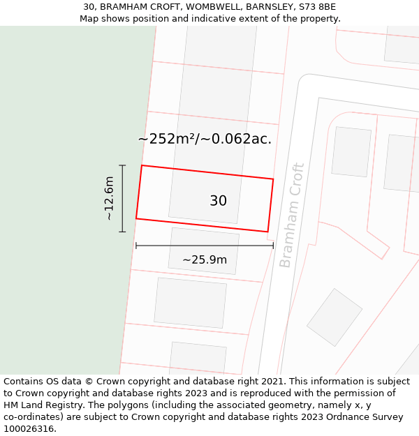 30, BRAMHAM CROFT, WOMBWELL, BARNSLEY, S73 8BE: Plot and title map