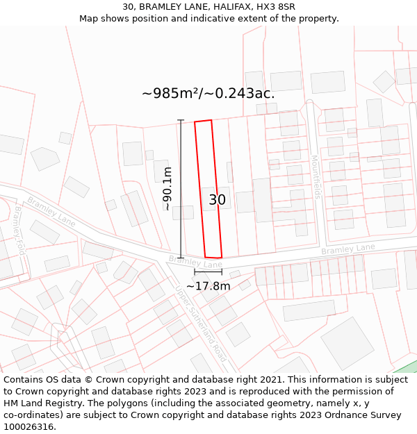 30, BRAMLEY LANE, HALIFAX, HX3 8SR: Plot and title map