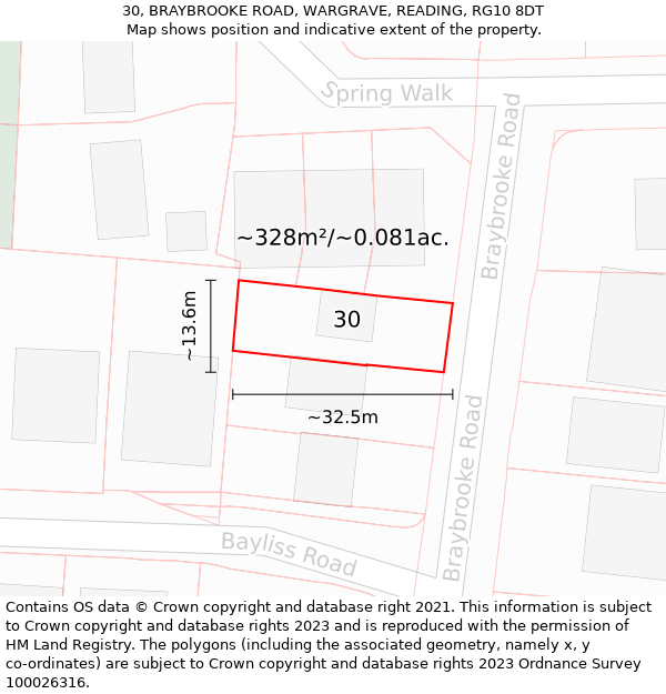 30, BRAYBROOKE ROAD, WARGRAVE, READING, RG10 8DT: Plot and title map