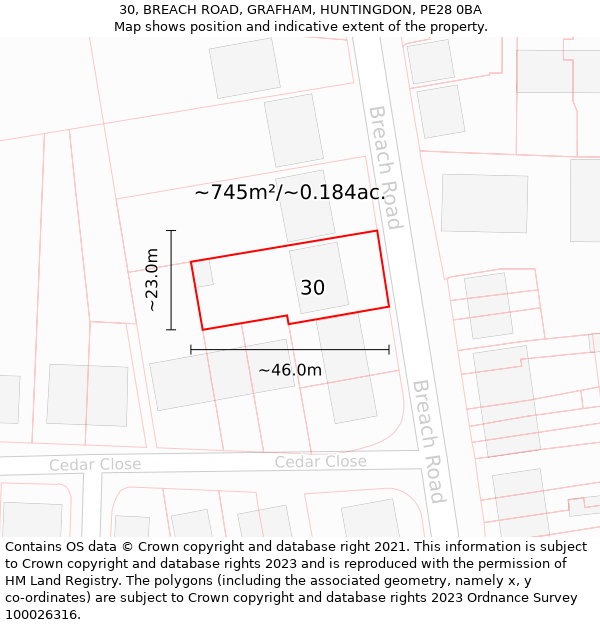 30, BREACH ROAD, GRAFHAM, HUNTINGDON, PE28 0BA: Plot and title map