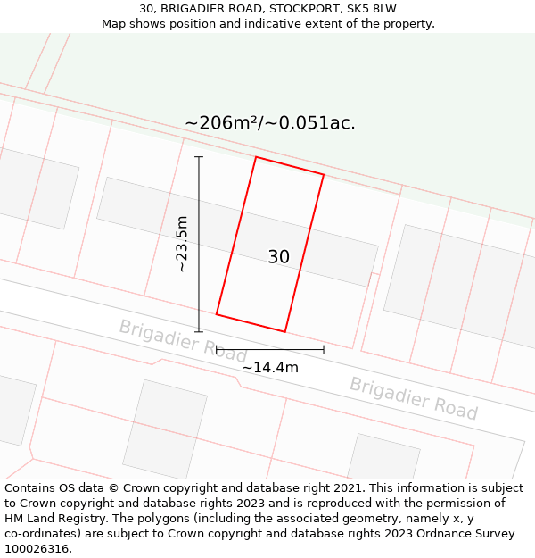 30, BRIGADIER ROAD, STOCKPORT, SK5 8LW: Plot and title map