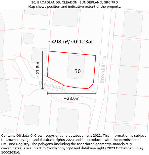 30, BROADLANDS, CLEADON, SUNDERLAND, SR6 7RD: Plot and title map