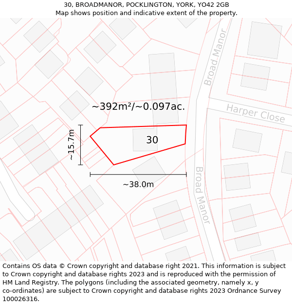 30, BROADMANOR, POCKLINGTON, YORK, YO42 2GB: Plot and title map