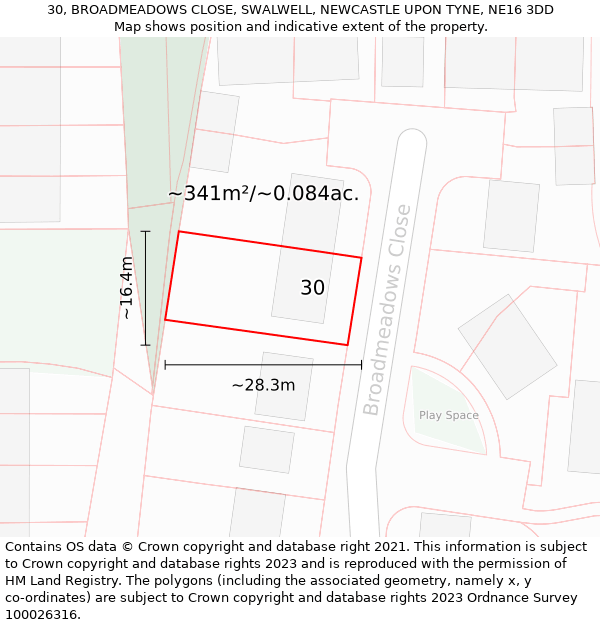 30, BROADMEADOWS CLOSE, SWALWELL, NEWCASTLE UPON TYNE, NE16 3DD: Plot and title map