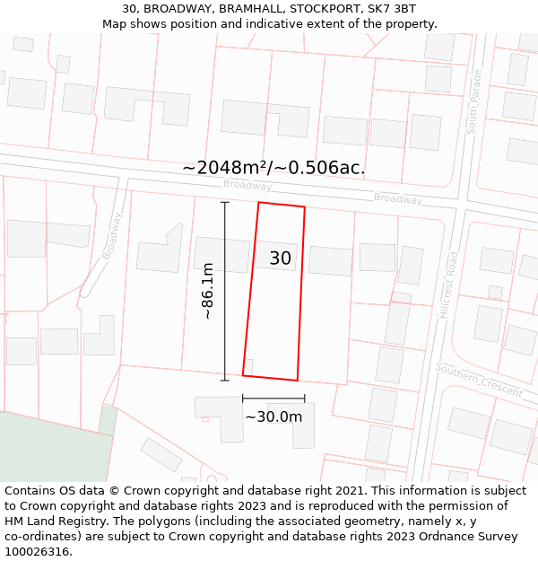 30, BROADWAY, BRAMHALL, STOCKPORT, SK7 3BT: Plot and title map