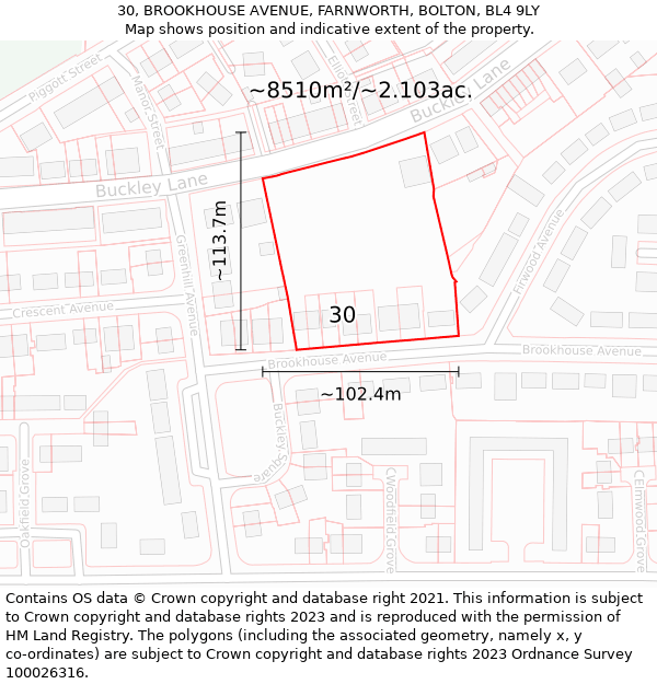 30, BROOKHOUSE AVENUE, FARNWORTH, BOLTON, BL4 9LY: Plot and title map