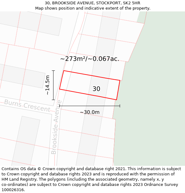 30, BROOKSIDE AVENUE, STOCKPORT, SK2 5HR: Plot and title map