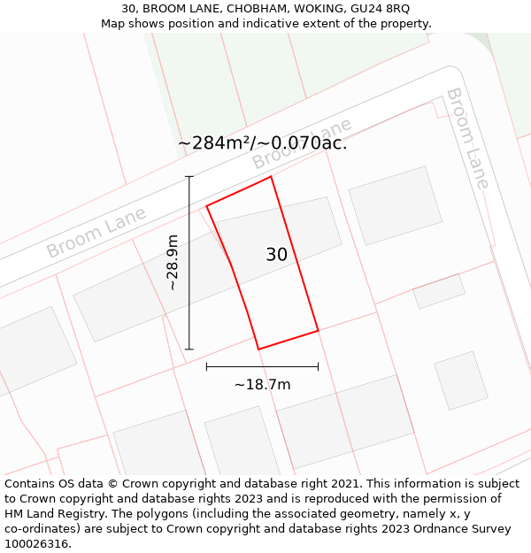 30, BROOM LANE, CHOBHAM, WOKING, GU24 8RQ: Plot and title map